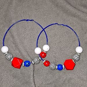 Large Red white blue and silver custom made 💙 hoop earrings